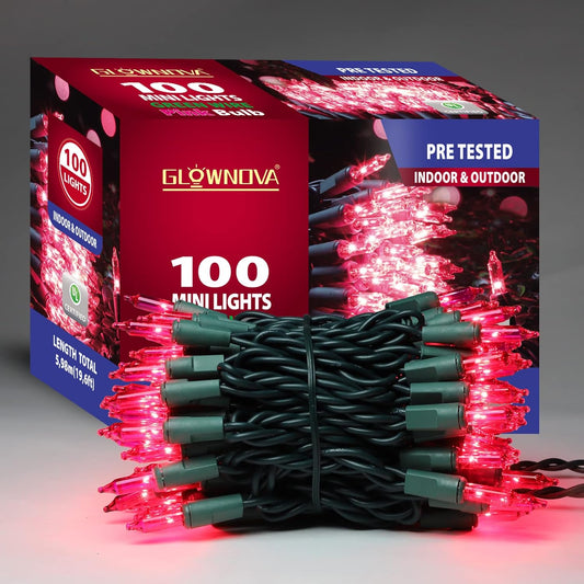 Green Wire,Pink Incandescent Bulb 100 Mini String Lights for Indoor Christmas Tree Garland Birthday Wedding Party Festival Decoration