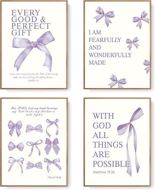 LARTSFRO Coquette Purple Bow Wall Art Decor Posters, Purple Bow Room Bedroom Bathroom Dorm Wall Art Decor Aesthetic for Teen Girls Gifts, Inspirational Bible Verses Bow Wall Decor, 10x8 Inch Set of 4 Pcs Bow Pictures (UNFRAMED)