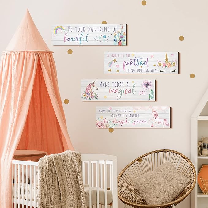 Yulejo Unicorn Wall Decor Girls Rainbow Wall Art Unicorn Room Decor Rainbow Motivational Inspirational Room Bedroom Decorations for Christmas Girl Kids Bedroom Nursery Decoration Gift (Adorable Style)