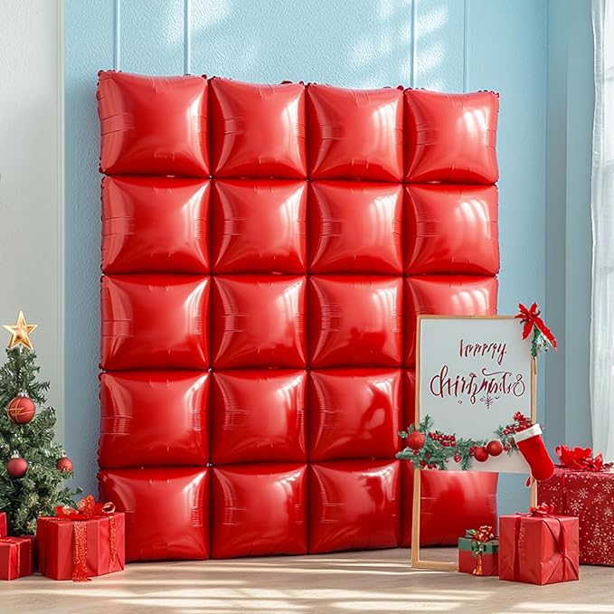 NISOCY 36PCS Red Square Foil Balloons Wall Backdrop Metallic Double Sided Red Christmas Balloons Tunnel Arch Kit for Birthday Baby Shower Valentine‘s Day Party Decoration