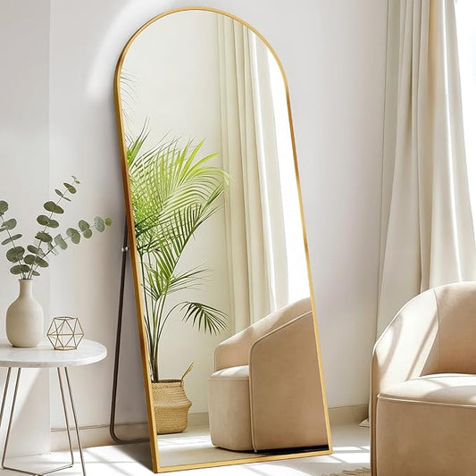 DUMOS Arched Full Length Mirror with Stand Floor Standing Aluminum Frame for Bedroom Body Hanging Leaning Modern Simple Home Decor Shatter-Proorf Nano Glass Wall Living Room Cloakroom Gold 65"x24"