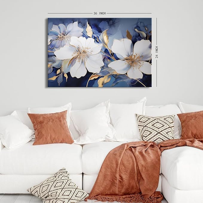 Blue and Gold Wall Art Abstract Flowers Picture Wall Decor Marble Ink Painting Still Life Floral Canvas Prints Poster Watercolor White Floral Artwork for Living Room Modern Home Decorations 24x36"