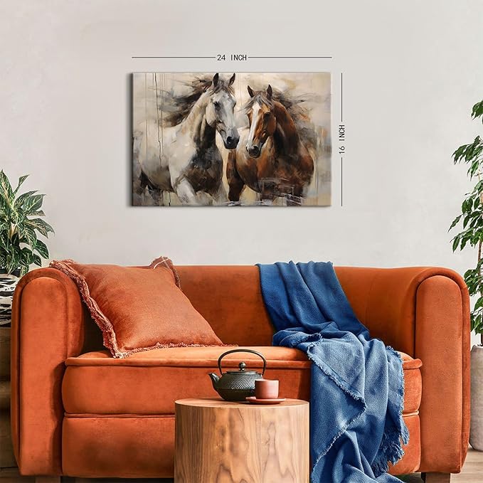 Vintage Horse Wall Art White and Brown Horses Canvas Painting for Office Rustic Farmhouse Animal Prints Retro Horse Pictures Wall Decor Western Artwork for Living Room Bedroom Home Decorations 16x24"