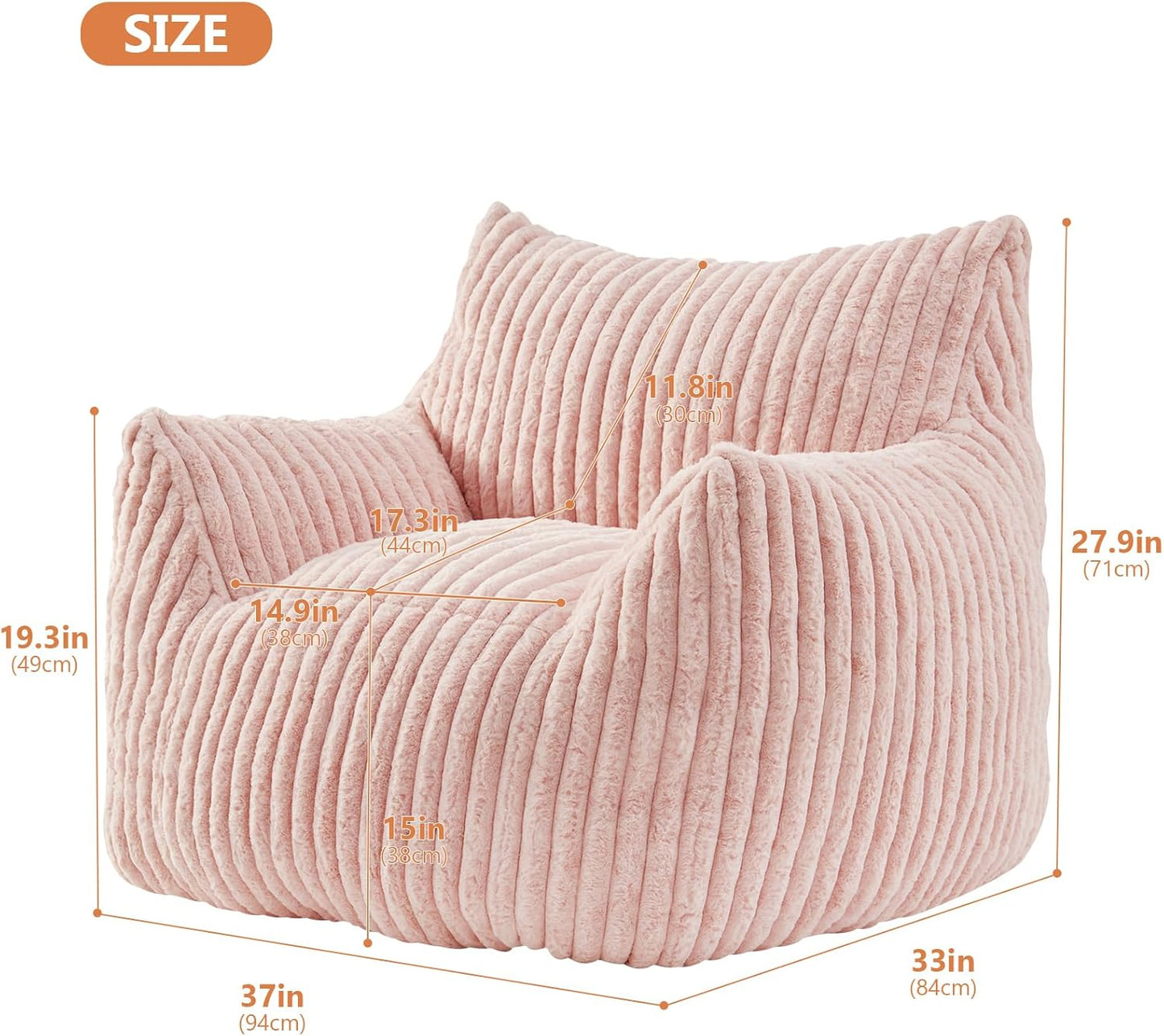 Giant Bean Bag Chairs for Adults with Filling Plush Fluffy Bean Bag Chairs for Teens with Armrests Comfy BeanBag Lazy Couch Sofa Chair for Bedroom Living Room Reading