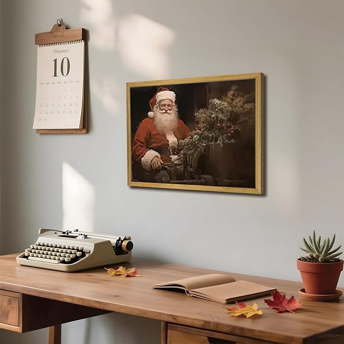 Christmas Wall Art Pictures, Vintage Christmas Wall Decor Prints, Vintage Santa Portrait Canvas Print Posters, Farmhouse Santa Pictures for Wall Framed 16x24 Inch