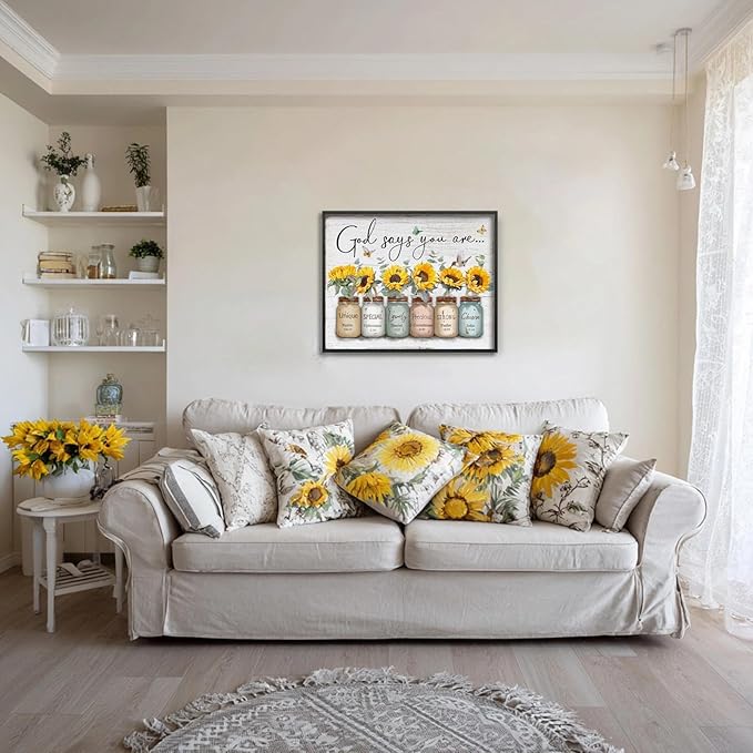 Inspirational Bible Verse Wall Art: God Says You Are Wall Sayings Sunflower in Mason Jar Picture Print Christian Gift Quotes Poster for Women Girl Bedroom Decor 16" x 20"