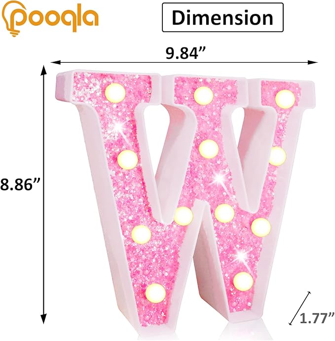 Pooqla LED Marquee Letter Lights, Pink Glitter Light Up Letters Alphabet Sign Battery Powered Night Light, Birthday Party Wedding Girls Gifts, Christmas Room Dorm Bedroom Decoration, Pink Letter W