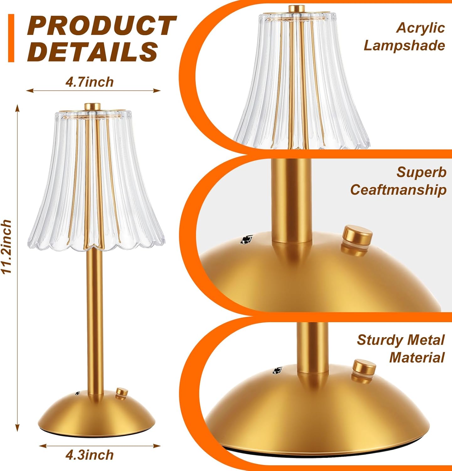 Liliful 8 Pcs LED Portable Cordless Table Lamp Touch Battery Operated Rechargeable Desk Lamp 3 Color Dimmable for Bedroom Living Room Dining (Rose Style,Gold)