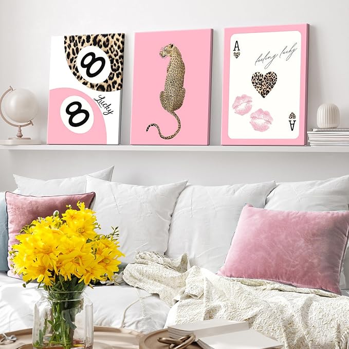 Set of 3 Trendy Pink Leopard Canvas Wall Art Cheetah Lucky 8 Ball Posters Prints Preppy Cheetah Aesthetic Wall Decor Pictures for Girly Bedroom Apartment Dorm Decoration 16x24in