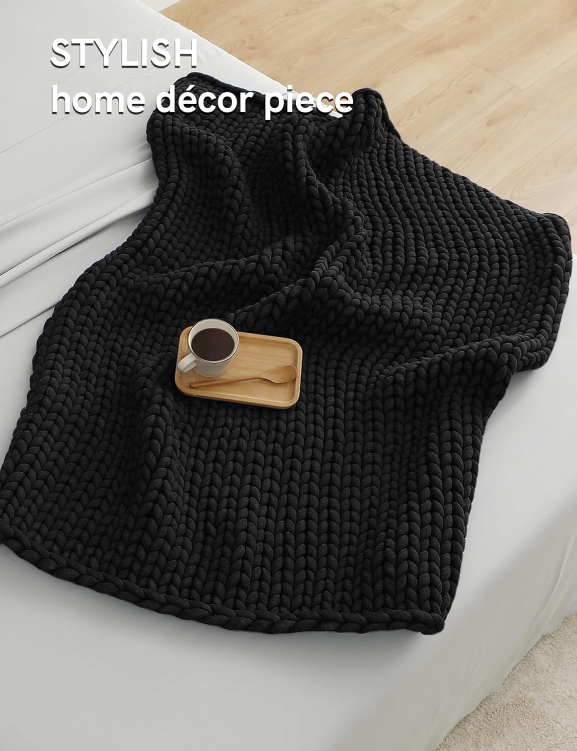 YnM Chunky Throw Blanket, Medium-Weight, Hand Knitted, Skin Friendly, Ventilated and Breathable, Machine Washable, Home Décor Piece for Couch, Sofa and Bed (Black, 50x70 Inch)