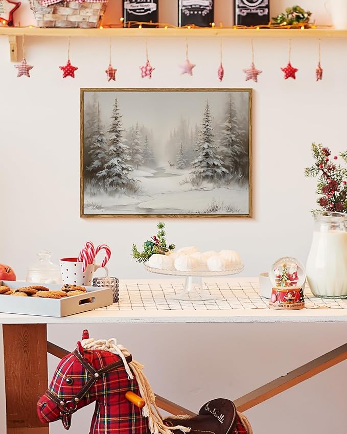 Vintage Snowy Pine Forest with Deer Wall Art 12x16 Framed Canvas Print, Winter Landscape Painting Rustic Neutral Nature Woodland Artwork, Living Room Bedroom Farmhouse Christmas Holiday Decor