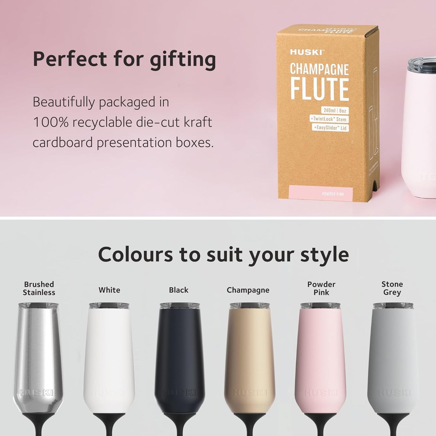 Huski Champagne Flute | NEW | Award-winning Design with Detachable Stem | Premium Stainless Steel Champagne Glass with Lid | Triple Insulated Tumbler | 8oz Capacity | Great Gift (Champagne)