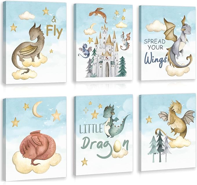 CHDITB Little Dragon Wall Art, Spread Your Wings Framed Canvas Wall Art Set, Fantasy Dragon Decor, Magical Castle Painting, Inspiring Quote Art Prints For Kids Room Nursery Decor(12X16 Inch)