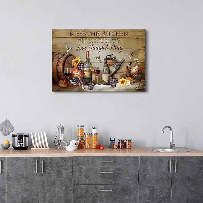 Rustic Kitchen Wall Art Farmhouse Dining Room Decor Wine Wineglass Wall Decor Positive Quotes Picture Canvas Prints Bless This Kitchen Poster Inspirational Painting Artwork Home Decoration 24x36"