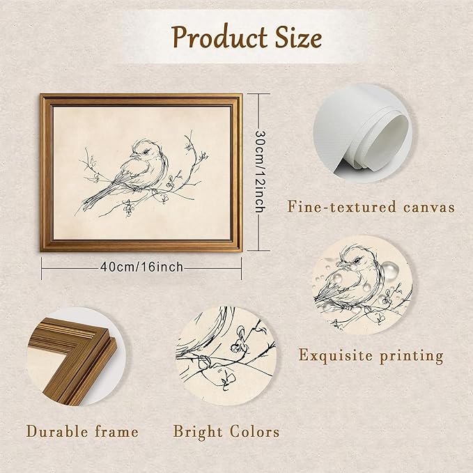 Aroutde Vintage Gold Framed Bird Printing Wall Art for Living Room, Minimalist Birds Sparrow on Branch Sketch Picture Wall Decor for Home Bedroom Apartment Decoration (16L''x12W'')