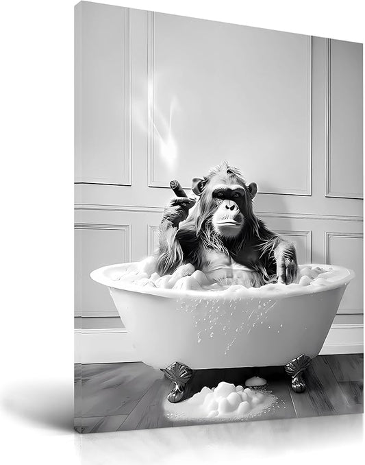 KensTro Funny Bathroom Wall Art Decor,12" x 16" Framed Canvas Bathroom Wall Art Picture,Black and White Chimpanzee in Bathtub Bathing Wall Art Animal Abstract Prints,Wall Decor for Bedroom,1Pack Gift