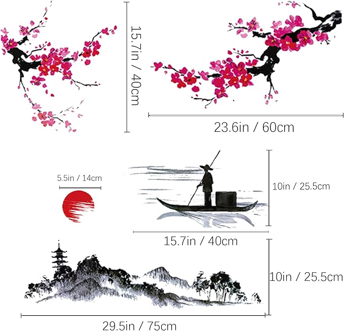 Large Japanese Wall Decor Stickers, BWCXXZH Red Cherry Blossom Tree Wall Murals Mountain River Fisherman Peel and Stick 3D Art Stickers for Girls Bedroom Nursery Living Room TV Home Decor