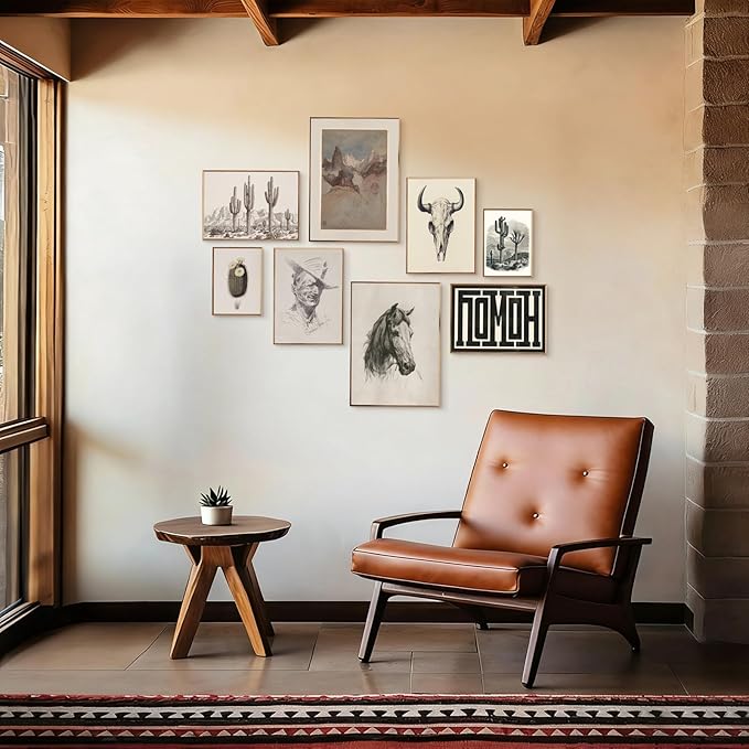 Western Decor Vintage Western Wall Art,Rustic Farmhouse Wall Decor Living Room,Vintage Cowboy & Cactus Sketch Art Prints,Neutral Tone Southwest Landscape & Animal Skull Artwork for Bedroom Bathroom Decorations,Unframed