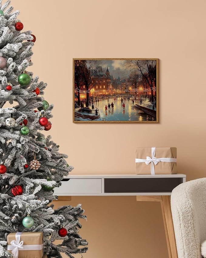 WHASAYART Vintage Christmas Wall Art 12x16 Framed Canvas Print, Holiday Bustling Town Center Winter Ice Skating Scene Christmas Tree City Lights Painting, Rustic Living Room Bedroom Seasonal Decor
