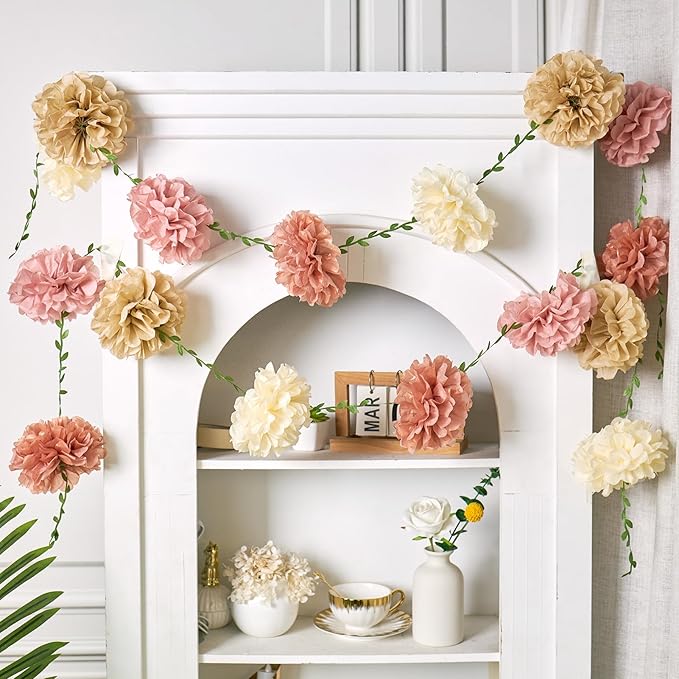 Paper Flower Garland, Rose, Pink, Light Beige, and Cream Color Tissue Paper Flowers Party Decorations, Paper Flowers for Baby Shower, Garden Party, Wedding, Wall Decor, Spring Summer Decor