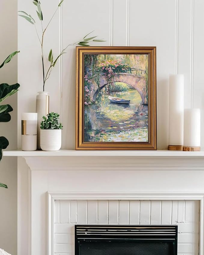 InSimSea Gold Framed Canvas Prints Wall Art, Vintage Country Decor, Monet Bridge Pastel Oil Paintings Farmhouse Wall Decor Aesthetic, Antique Pictures for Bedroom Living Room Shelf, 12x16inch