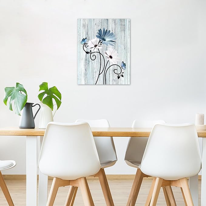 HVEST Blue Daisy Wall Art Rustic Farmhouse Floral and Butterfly Botanical Canvas Art Decor Vintage Plant Wall Decor for Living Room Bathroom Bedroom Office, 24L x 16W Inches