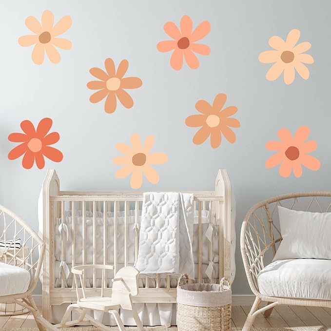 TaoBary 12 Sheet Daisy Wall Sticker Decal Removable Cute Daisy Bedroom Room Decor Flower Wall Sticker Pink White Flower Decal Wallpaper Peel and Stick for Nursery Home(Orange,Colorful Classic Style)