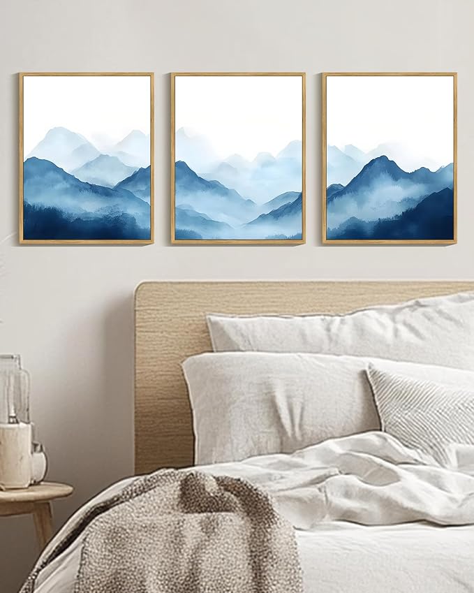 Drsoum Blue Fog Mountains Landscape Wall Art Framed Vintage Nature Misty Nordic Prints Ink Wash Watercolor Boho Farmhouse Rustic Artwork Hallway Bedroom Ready to Hang 11x14in Natural Framed