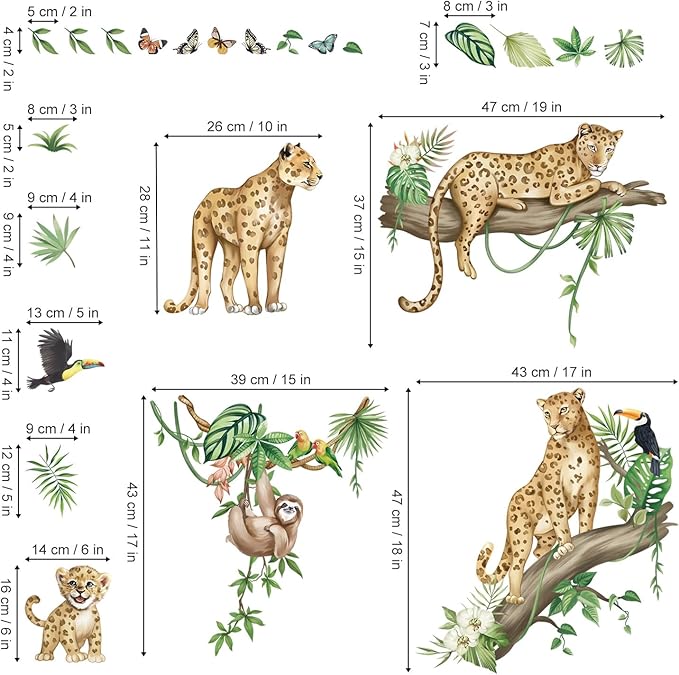 wondever Safari Jungle Animal Leopard Wall Stickers Cheetah Tree Branch Sloth Tropical Leaves Peel and Stick Wall Art Decals for Baby Nursery Kids Bedroom Living Room