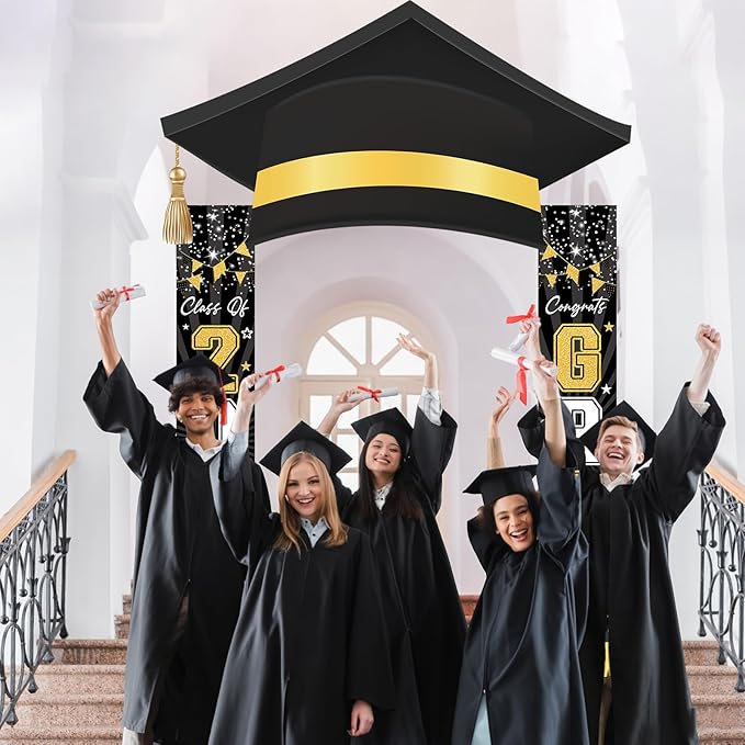 3Pcs Graduation Cap Door Banner 2026 Graduation Door Decoration Class of 2026 Porch Sign Congrat Grad Hanging Banner Decor Grad Party Indoor Outdoor Wall Decor Photo Prop Supplies Black Gold