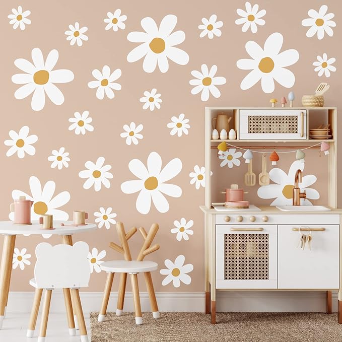 TaoBary 12 Sheet Daisy Wall Sticker Decal Removable Cute Daisy Bedroom Room Decor Flower Wall Sticker Pink White Flower Decal Wallpaper Peel and Stick for Nursery Home(White, Yellow,Cute Style)