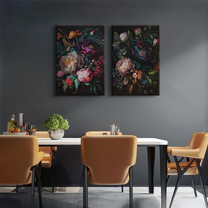 BRPXJRA 2 Pcs Moody Floral Wall Art Dark Flower Wall Decor Painting Vintage Baroque Peony Canvas Prints Botanical Still Life Pictures for Living Room Bedroom Bathroom 12x16 In Ready to Hang