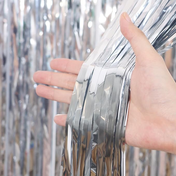 3.3 x 6.6 ft Foil Fringe Backdrop Curtains, Tinsel Streamers Party Decorations, Fringe Backdrop for Birthday, Baby Shower, Gender Reveal, Graduation (6, Silver)