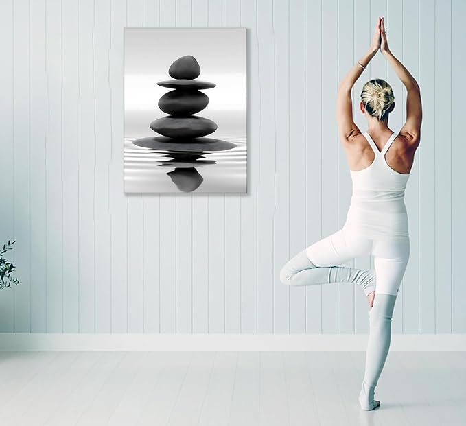 Zen Canvas Wall Art Black Stacked Stone Poster Print for Spas Bathrooms Yoga Rooms Meditation Spaces Wall docer Ready to hang 12x16in Framed