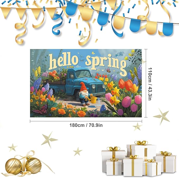 Hello Spring Backdrop 71'' x 43'' Hello Spring Banner Gnome Daisy Butterfly Backdrop Decorations for Photography Background Photo Prop Booth