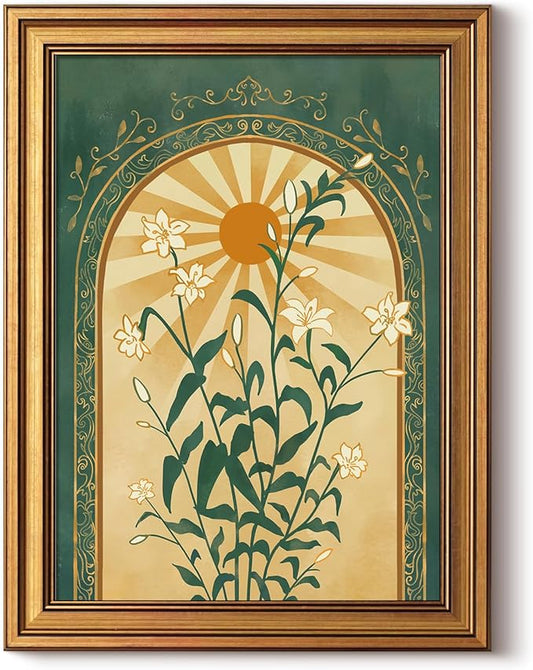 HUARCEY Gold Framed Canvas Wall Art, Sun Botanical Picture Decor, Living Room Bedroom Emerald Green Boho Art, Rustic Vintage Moody Mystical Folk Art Canvas Paintings, 12x16inch