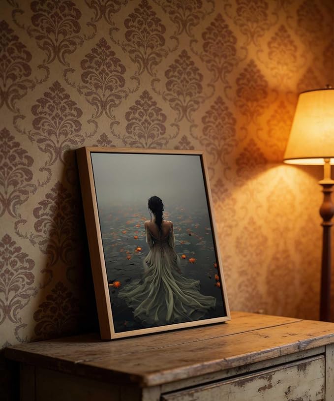 Framed Dark Academia Wall Art Lady in the Lake Moody Victorian Wall Decor Pictures Gothic Cottagecore Posters Prints Vintage Halloween Aesthetic Paintings for Gallery Bedroom Decoration 8x10in