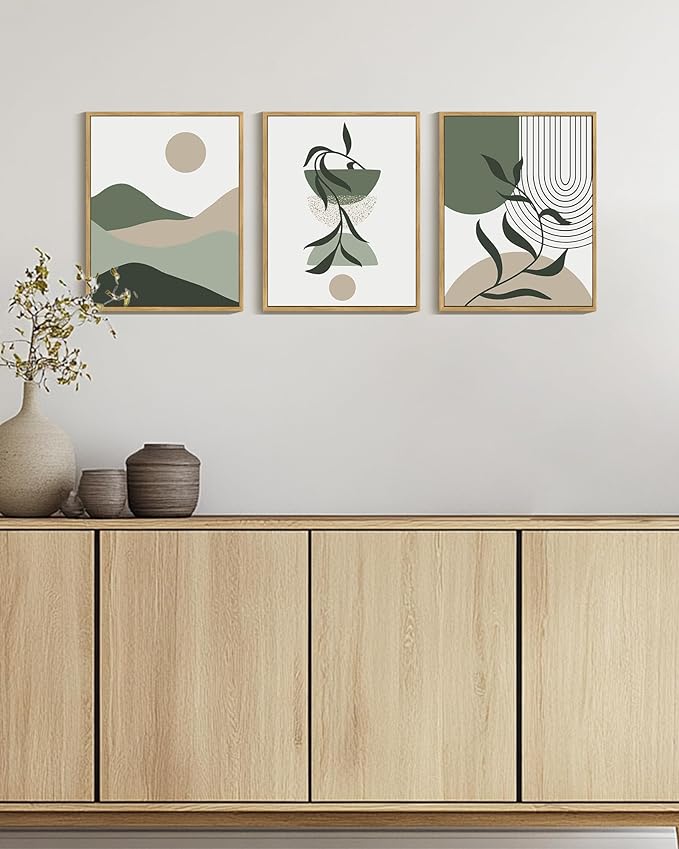 Drsoum Green Botanical Boho Wall Art Framed Modern Sage Bohemian Plant Wall Decor Abstract Geometry Lines Artwork Hallway Bedroom Prints Ready to Hang 11x14in Natural Framed