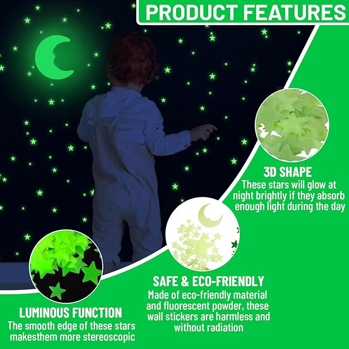 OIG Brands 100 PK Green Glow in The Dark Stars for Ceiling Easter Basket Stuffers for Kids - Star Brite Plastic Glow Stars with Moon & Putty Ages 4,5,6,7,8,9,10,11,12 for Bedroom Space Night Light