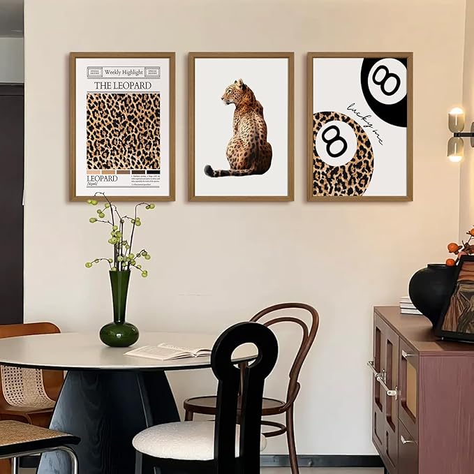 Trendy Leopard Wall Art Cheetah Print Canvas Wall Decor 8 Ball Poster Preppy Room Aesthetic Pictures Funky Coquette Vintage Prints Y2k Fashion Lucky Posters for Bedroom 16x24x3 Inch Framed