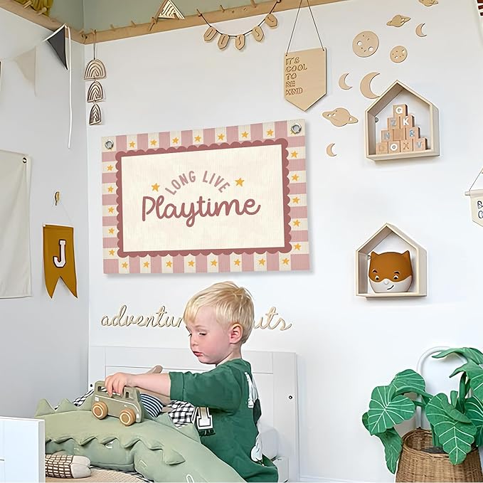 Playroom Wall Decor,Long Live Playtime Linen Canvas Banner,Pink Toddler Playroom Decor Kids Room Nursery with Star Pattern Wall Decor for Toddler Girls Toy Room Bedroom,30x20 Inch