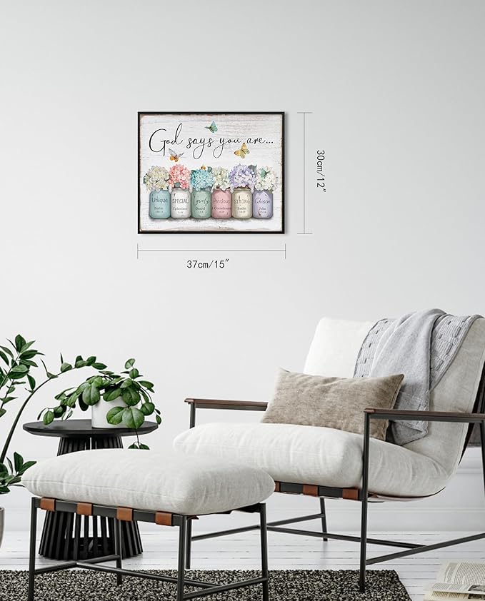 God Says You Are Wall Art: Christian Inspirational Bible Verse Wall Art Religious Scripture Encouragement Gifts for Women,Hydrangea in Mason Jar Prints Butterfly Posters Bedroom Decor 12" x 15"