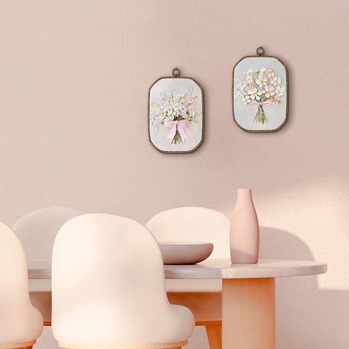 Hxlac Vintage Pink Bow Floral Bouquet Rectangular Wall Art Framed Set of 2, White Floral Rectangular Wall Decor, Spring Flower Hanging Canvas Prints Wall Sculptures for Bedroom Decor, 7.1x10.2 Inch
