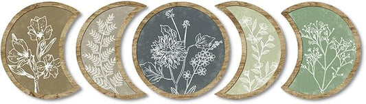 Putuo Decor Moon Phase Botanical Wall Art Set of 5, Crescent Wood Floral Panels for Bedroom Nursery Meditation Room