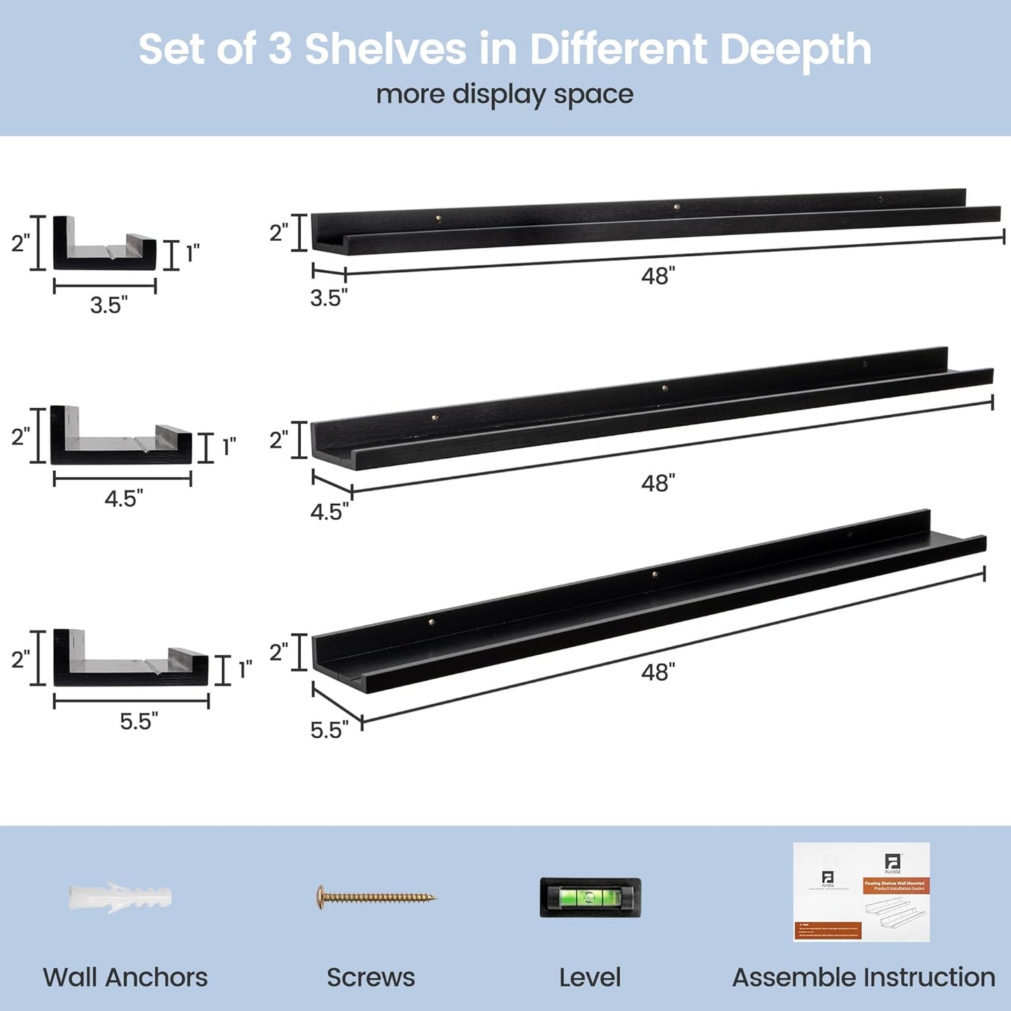 Picture Ledge Wall Shelves 48 inches Width Set of 3, Solid Pine Wood Rustic Floating Ledge Shelves for Wall for Kids' Room Bedroom Kitchen Bathroom Long Floating Shelves for Wall Decor, Black