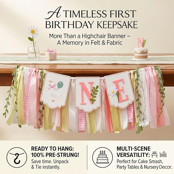 Pre - stung Silly Goose High Chair Banner for Girls1st Birthday - Pink & Gold Baby Girl Cake Smash Cake Smash Props, Premium First Birthday ONE Banner Party Decoration