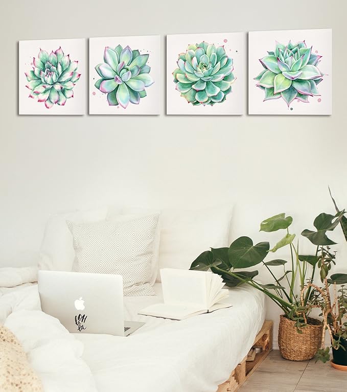 YOOOAHU Home Wall Art Decor Succulent Plants Simple Life Canvas Paintings Posters Prints 24" x 24" 4 Pieces Watercolor Hand-Drawn Green Leaf Framed Nature Pictures for Living Room Kitchen Decorations