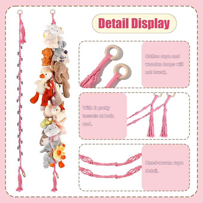 1/2 pcs 80" Cotton Hanging Storage Chain for Stuffed Animals Storage with 20 Metal Clips, Stuffed Animal Organizer Chain for Wall Corner Nursery Play Room, Pink