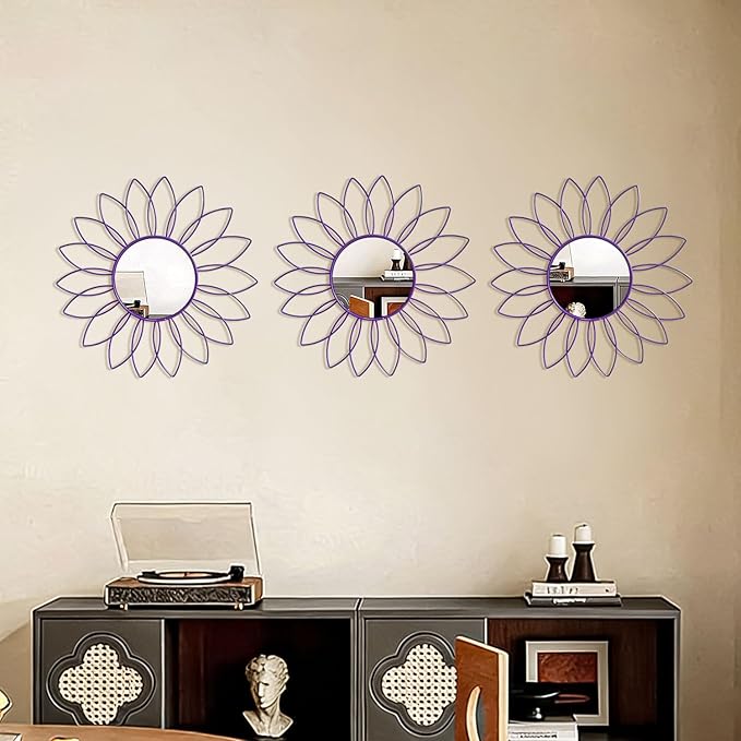 3 Pack Metal Mirrors for Wall Sunburst Wall Mirrors Home Décor Decorative Hanging Wall Art for Living Room Bedroom Entryway (Purple, Flowers)