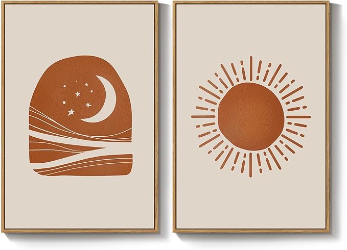 Framed Boho Abstract Sun and Moon Wall Art Set of 2, Mid Century Modern Minimalist Neutral Canvas Artwork for Walls, Terracotta Beige Bohemian Celestial Living Room Bedroom Home Wall Decor, 16x24 Inch